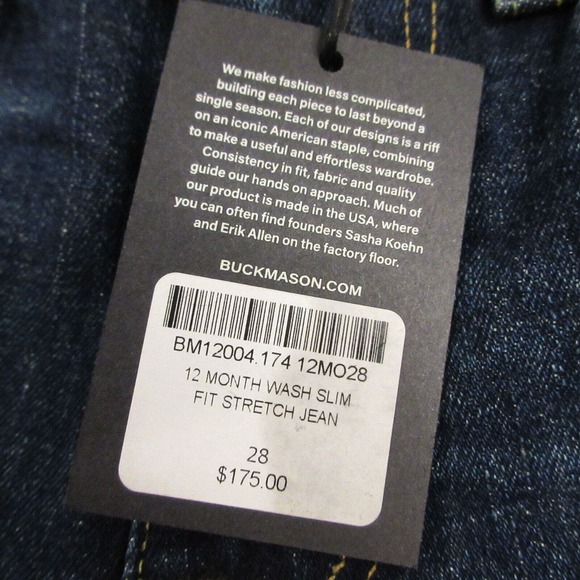 Buck Mason 12 Month Wash Slim Fit Stretch Jean size 28 x 34 Tall Skinny Blue NEW - Picture 3 of 13